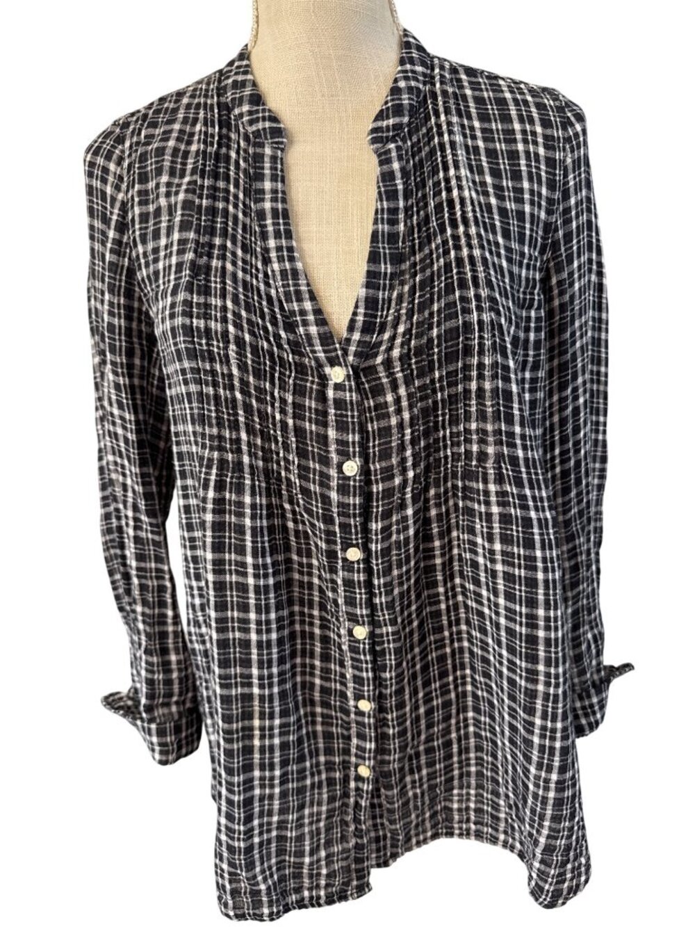 Plaid Button-Down Blouse Long Sleeves Black White Lightweight Size L